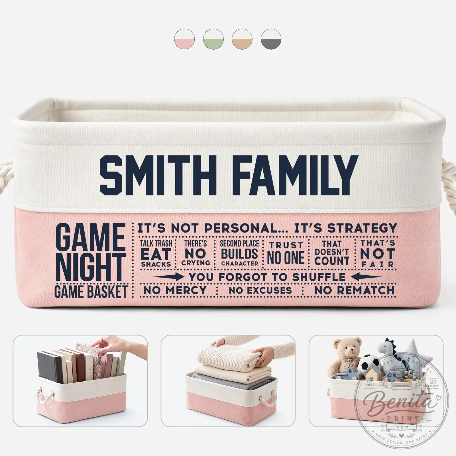 Personalized Family Game Night Storage Basket with Custom Name and Rules
