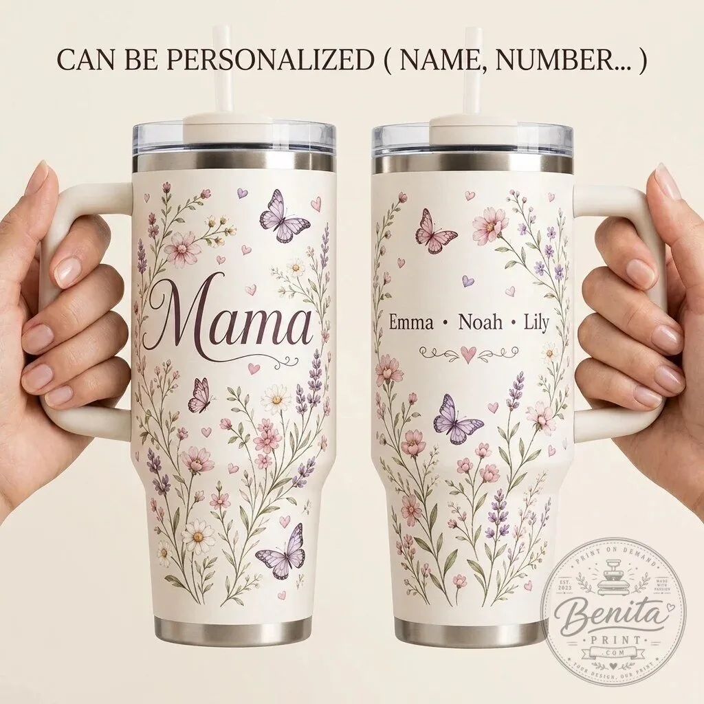 Personalized Mama Floral Butterfly Tumbler with Handle - Custom Kids Names Gift