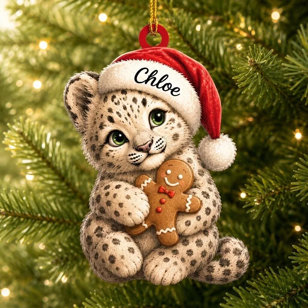 Personalized Baby Snow Leopard with Gingerbread Man Christmas Tree Ornament