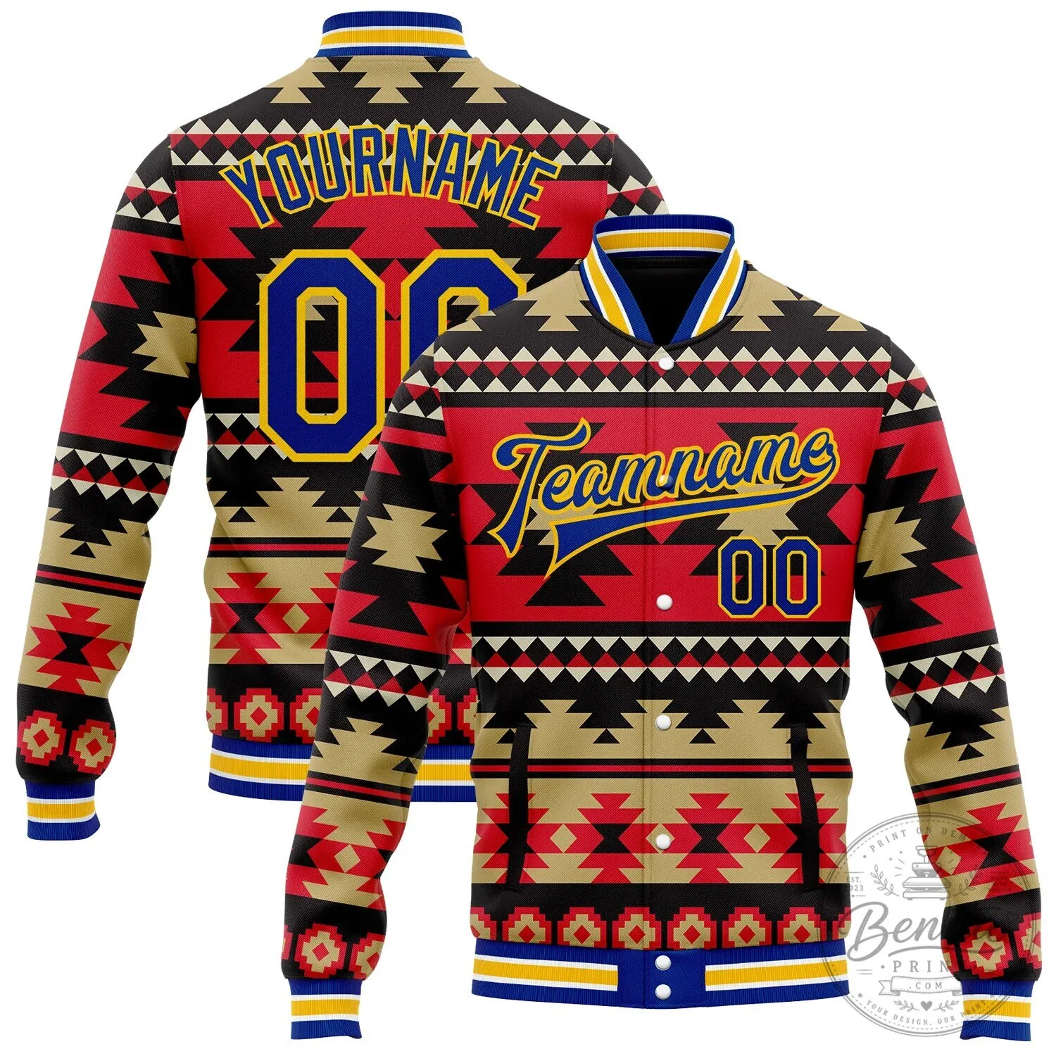 Custom Southwestern Geometric Aztec Bomber Varsity Jacket with Full Snap Closure