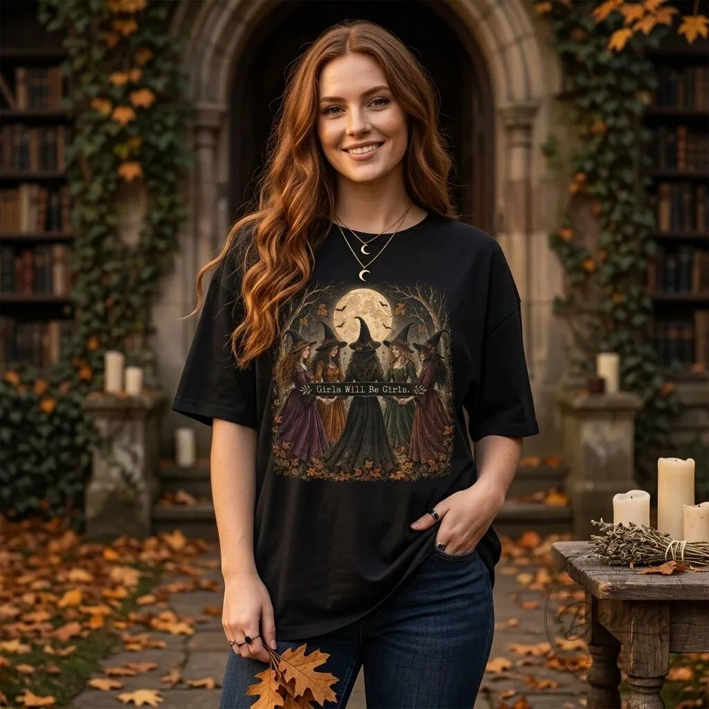 Vintage Girls Will Be Girls Witchy Halloween Full Moon Graphic T-Shirt