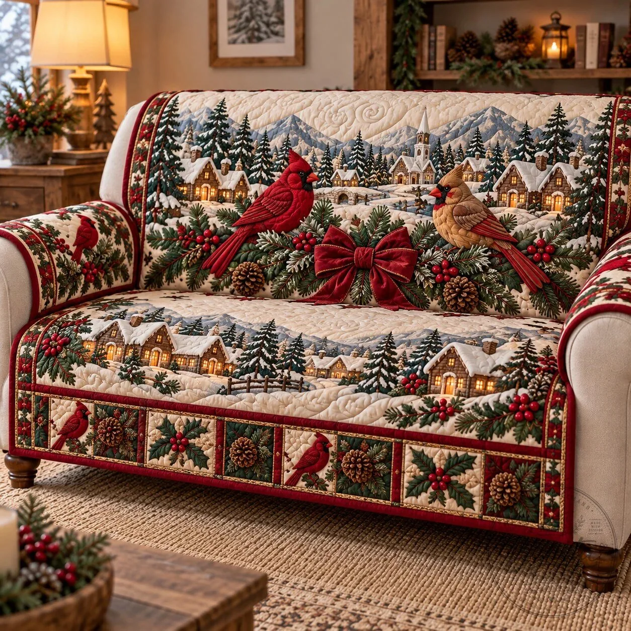 Winter Cardinal Birds Snowy Village Quilted Sofa Cover