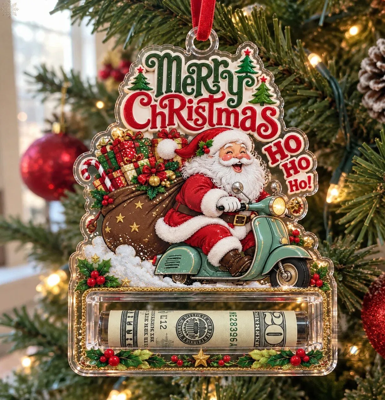 Merry Christmas Santa Claus Scooter Money Holder Ornament