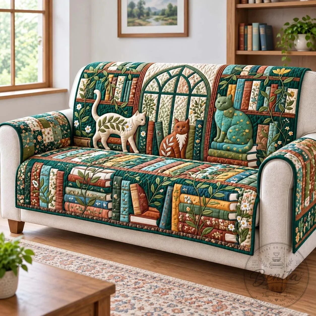 Garden Library Cats Quilted Sofa Cover, Cozy Cat Lover Couch Protector Slipcover