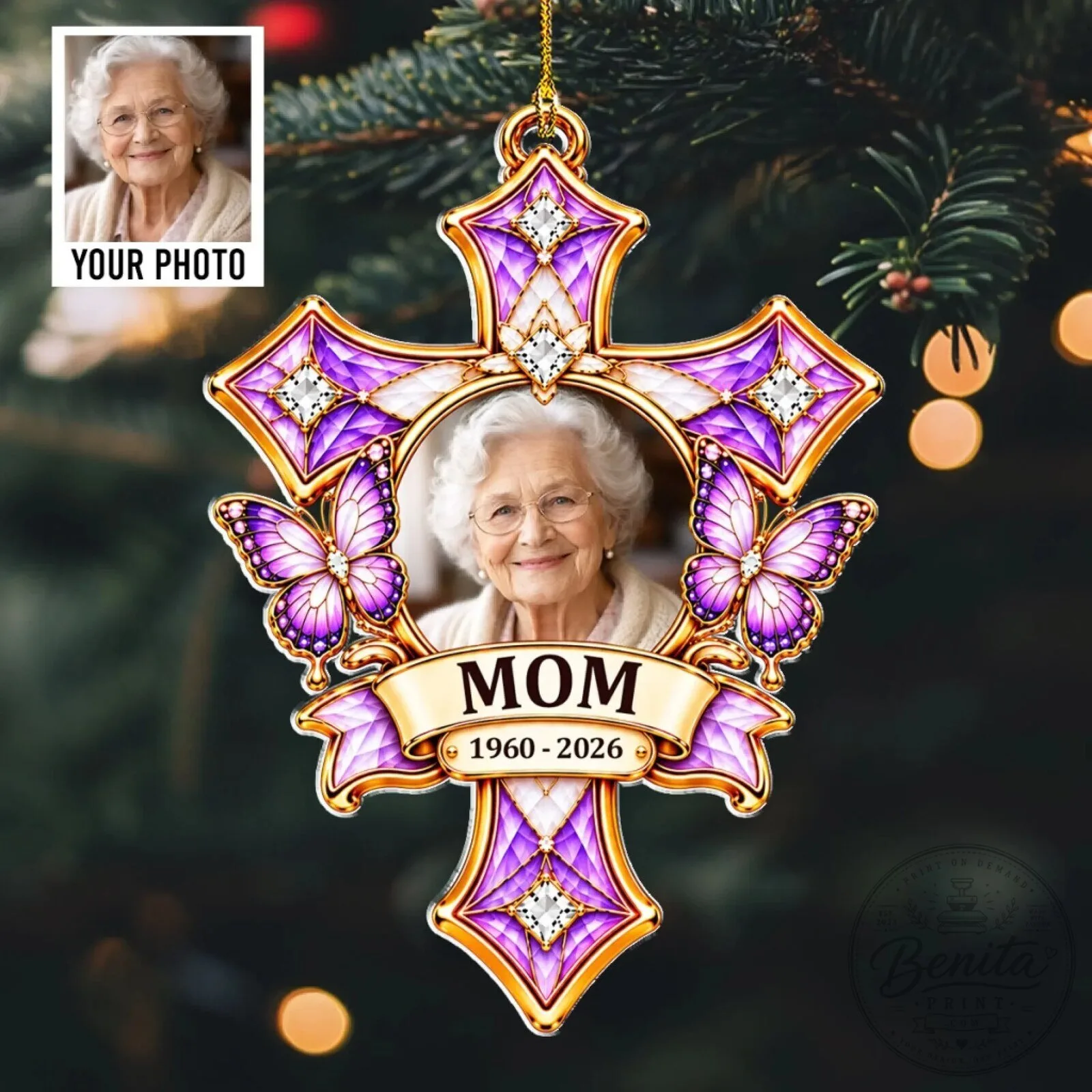 Personalized Memorial Photo Cross Ornament for Mom, In Loving Memory Keepsake 2 Personalized Memorial Photo Cross Ornament for Mom, In Loving Memory Keepsake