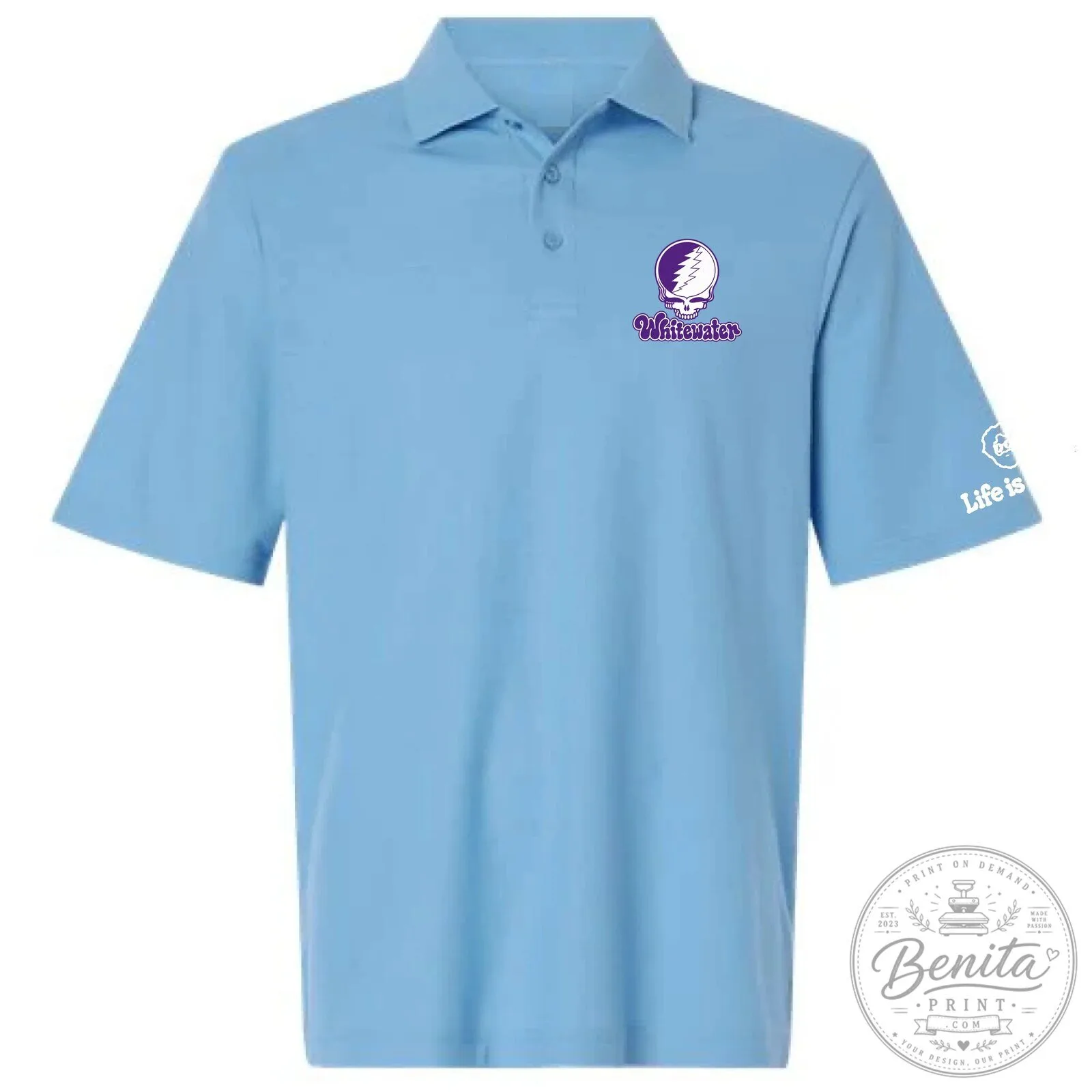 Grateful Dead Whitewater Stealie Skull Light Blue Polo Shirt