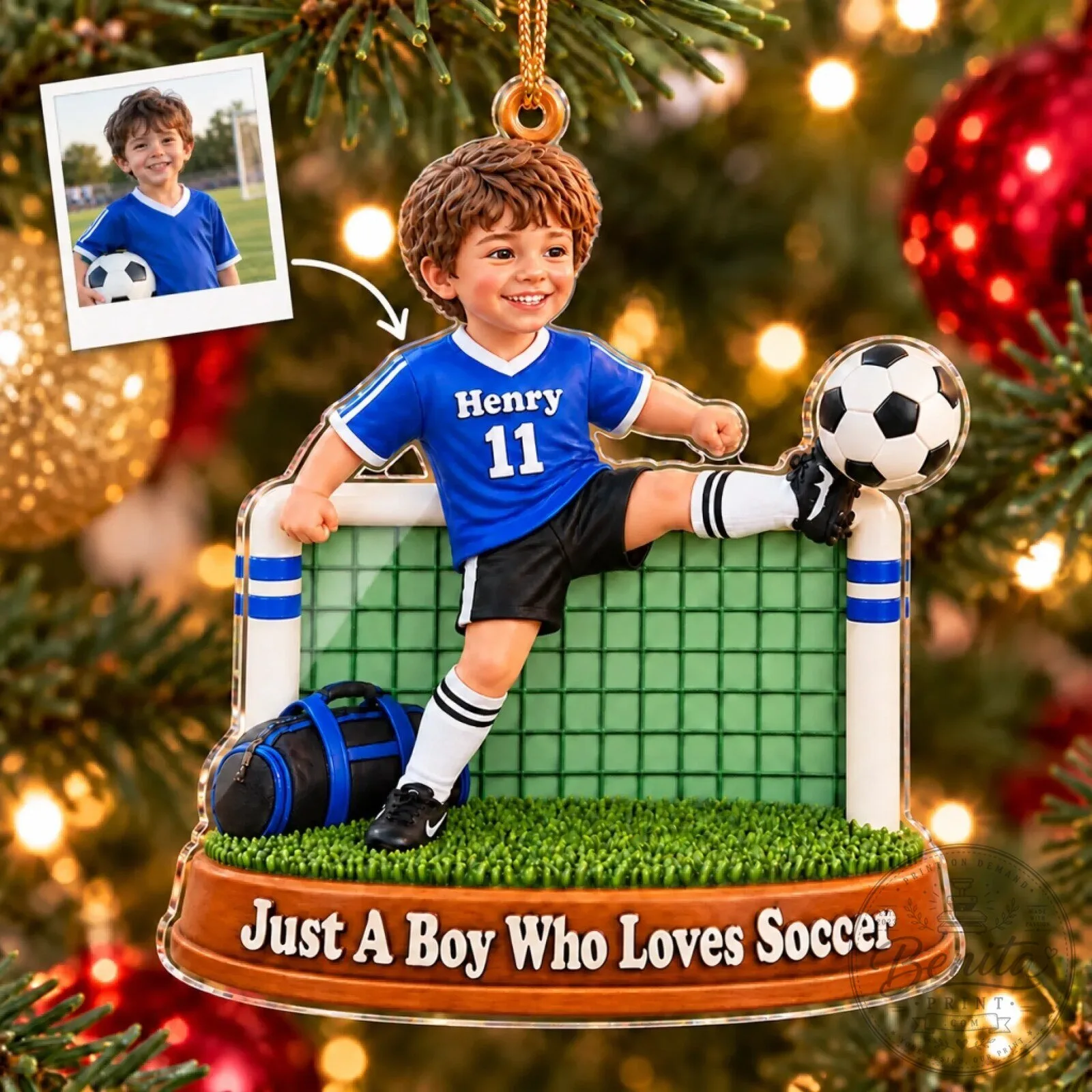 Personalized Soccer Boy Christmas Ornament - Custom Photo Football Player Gift