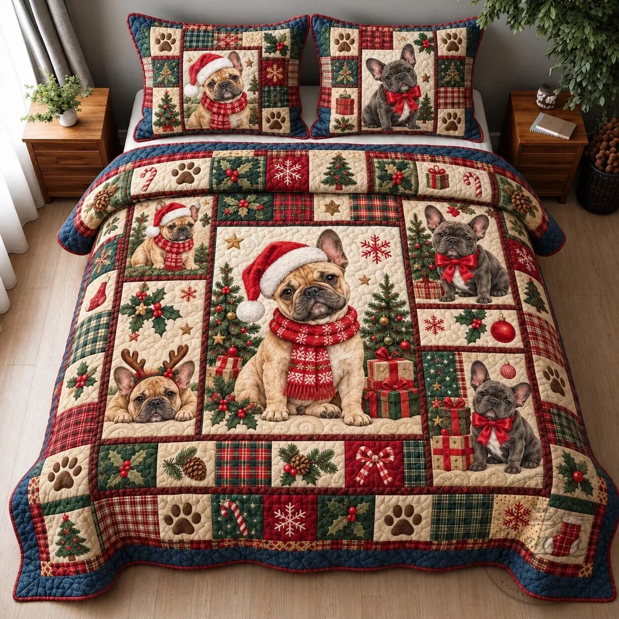French Bulldog Christmas Patchwork Quilted Bedding Set with Pillow Shams