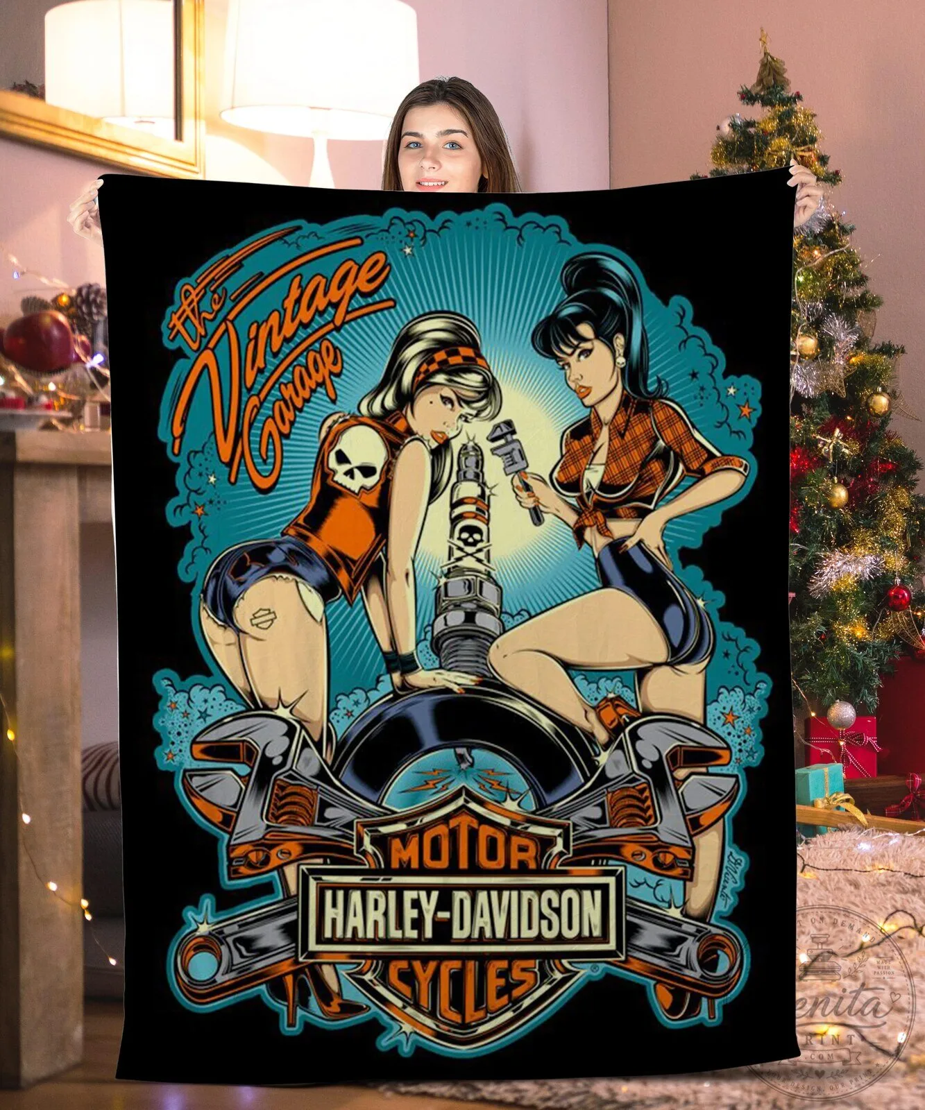 Harley-Davidson Motorcycles Pin-Up Girls The Vintage Garage Blanket