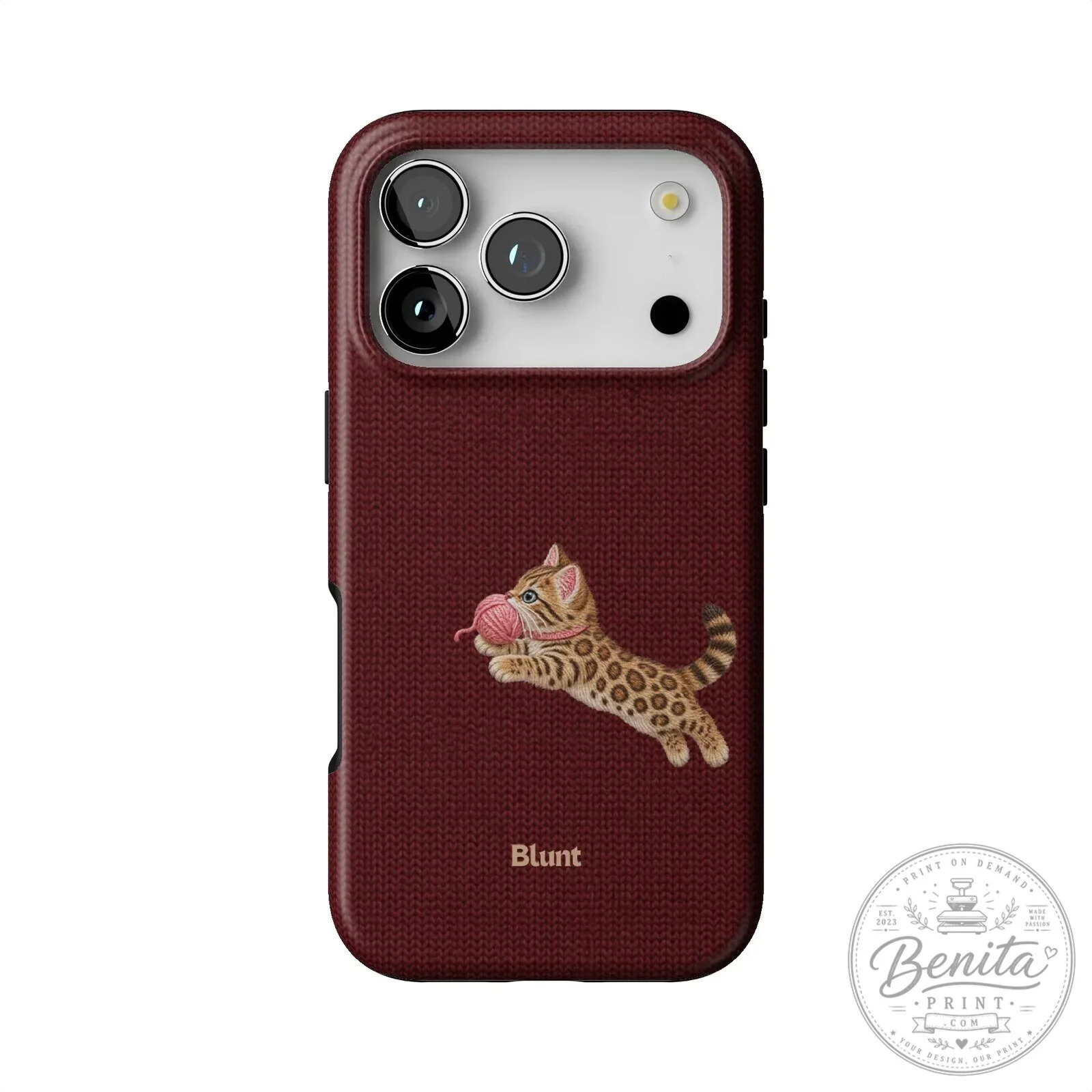 Maroon Knit Pattern iPhone Case Featuring Adorable Bengal Kitten Playing with Yarn
