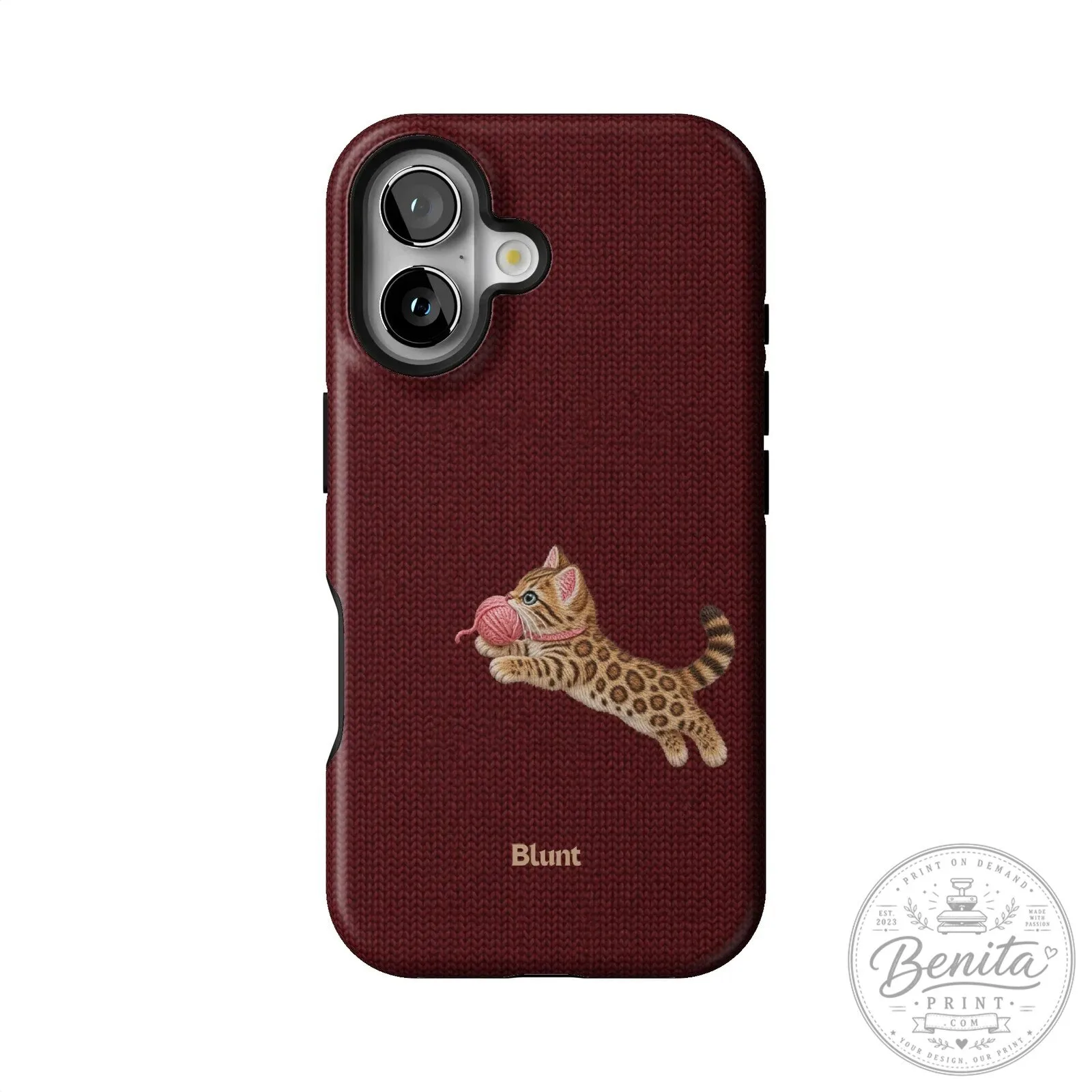 Maroon Knit Pattern iPhone Case Featuring Adorable Bengal Kitten Playing with Yarn 39 Maroon Knit Pattern iPhone Case Featuring Adorable Bengal Kitten Playing with Yarn