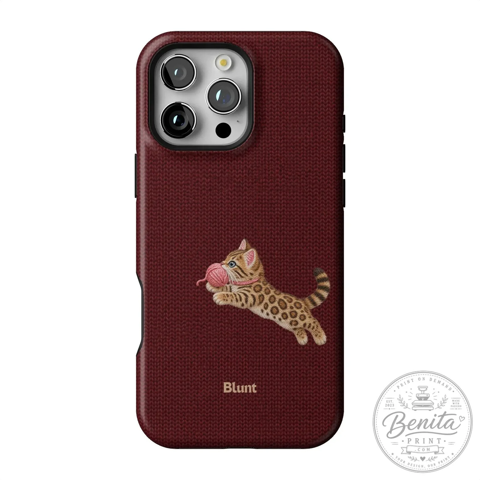 Maroon Knit Pattern iPhone Case Featuring Adorable Bengal Kitten Playing with Yarn 41 Maroon Knit Pattern iPhone Case Featuring Adorable Bengal Kitten Playing with Yarn