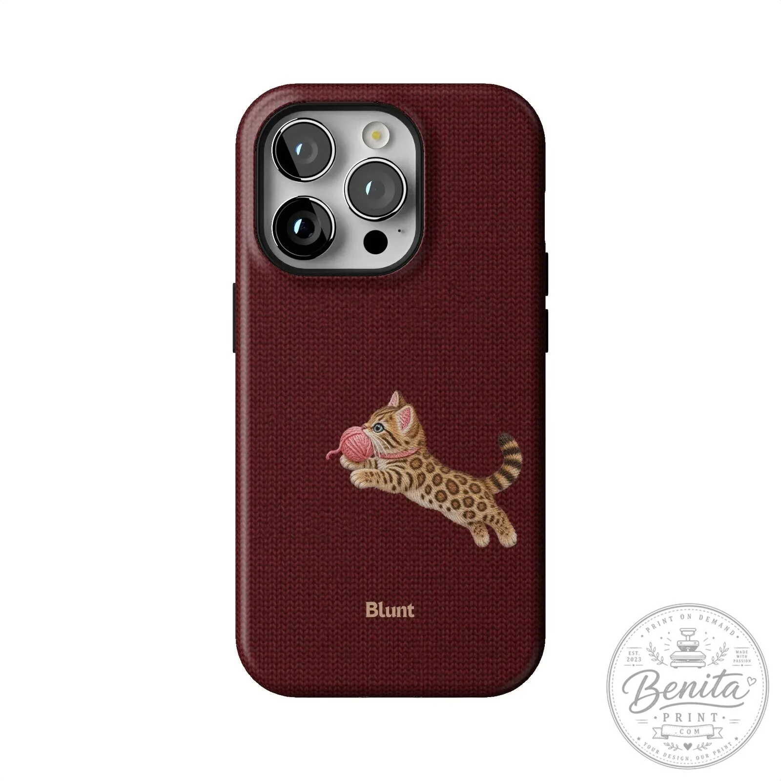 Maroon Knit Pattern iPhone Case Featuring Adorable Bengal Kitten Playing with Yarn 49 Maroon Knit Pattern iPhone Case Featuring Adorable Bengal Kitten Playing with Yarn