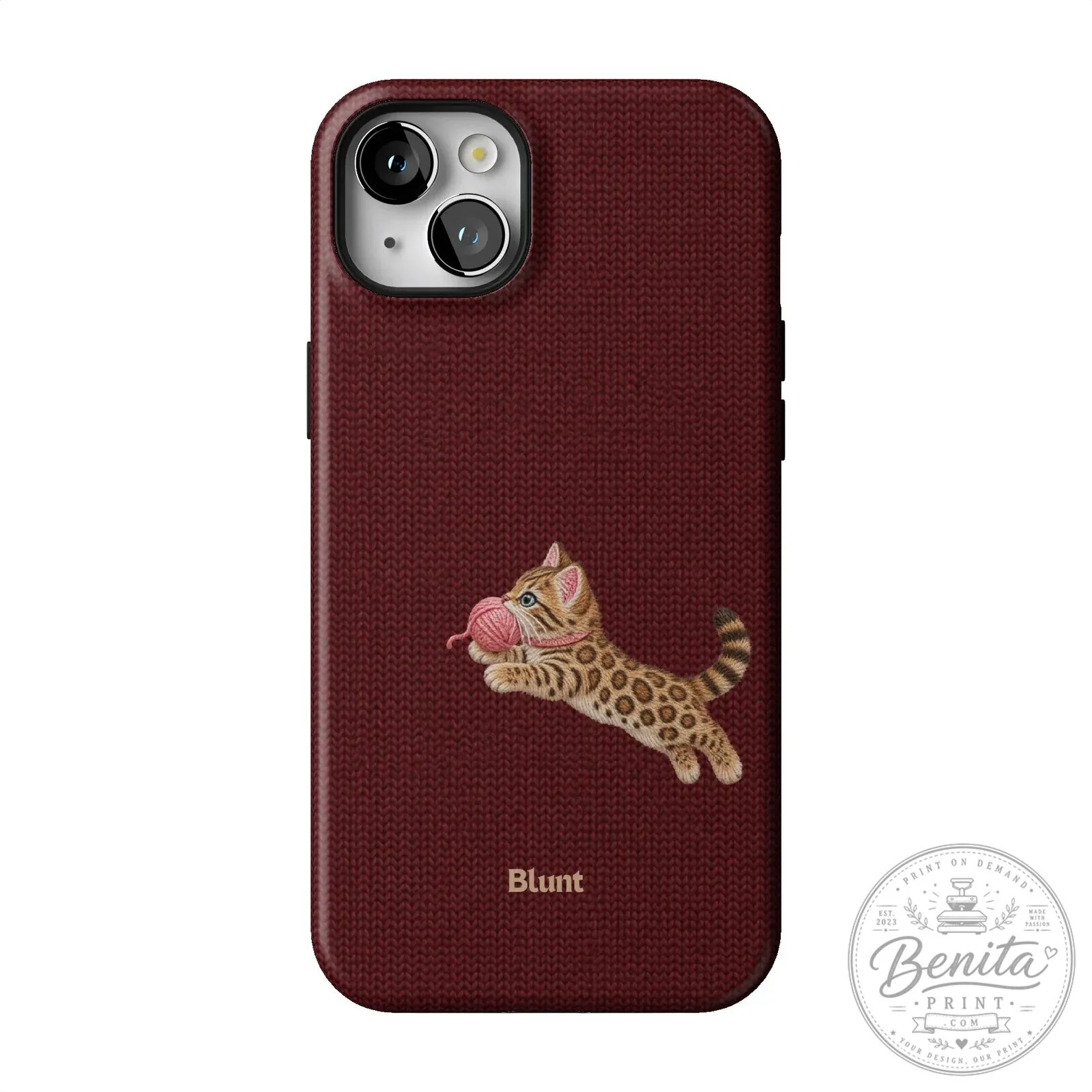 Maroon Knit Pattern iPhone Case Featuring Adorable Bengal Kitten Playing with Yarn 51 Maroon Knit Pattern iPhone Case Featuring Adorable Bengal Kitten Playing with Yarn