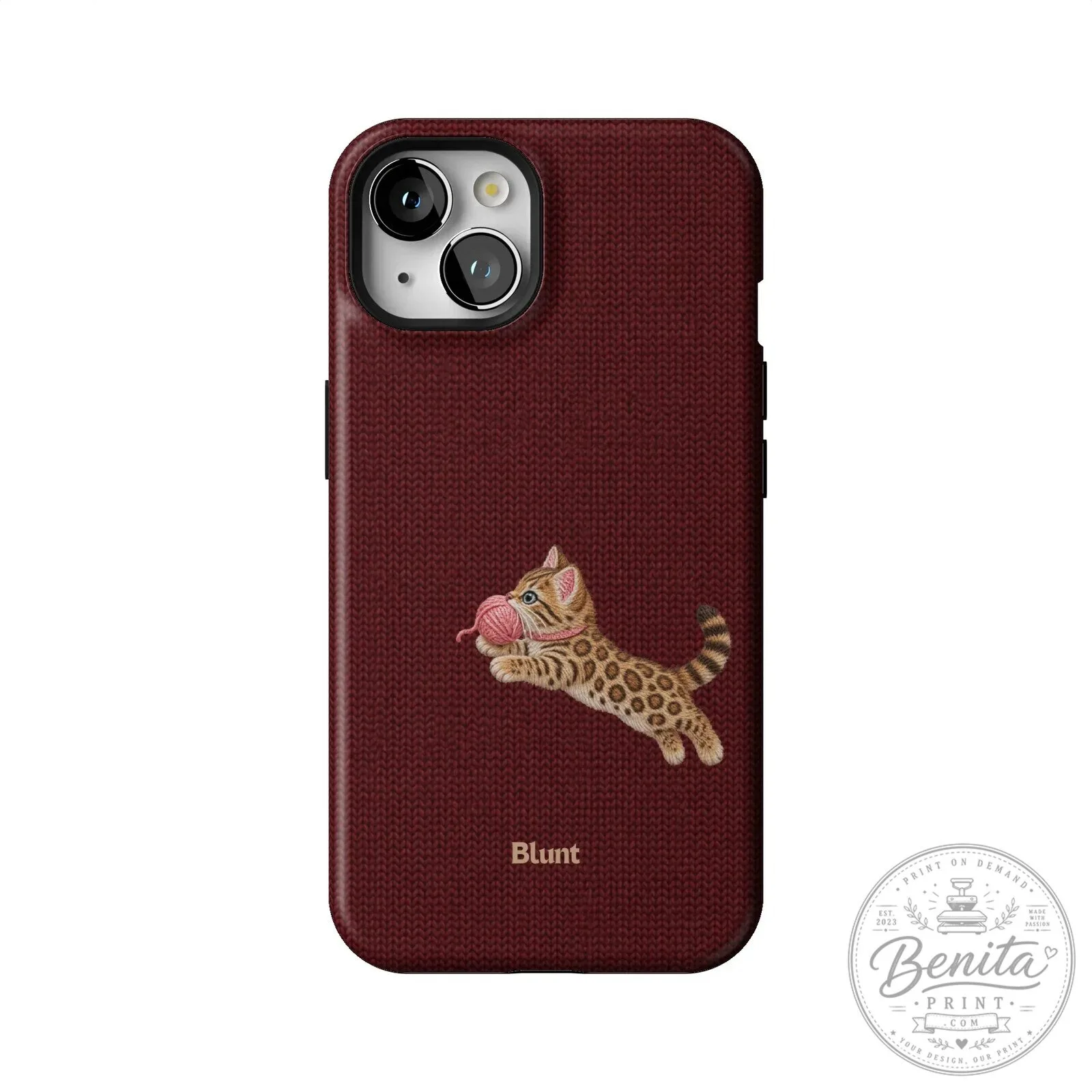 Maroon Knit Pattern iPhone Case Featuring Adorable Bengal Kitten Playing with Yarn 52 Maroon Knit Pattern iPhone Case Featuring Adorable Bengal Kitten Playing with Yarn