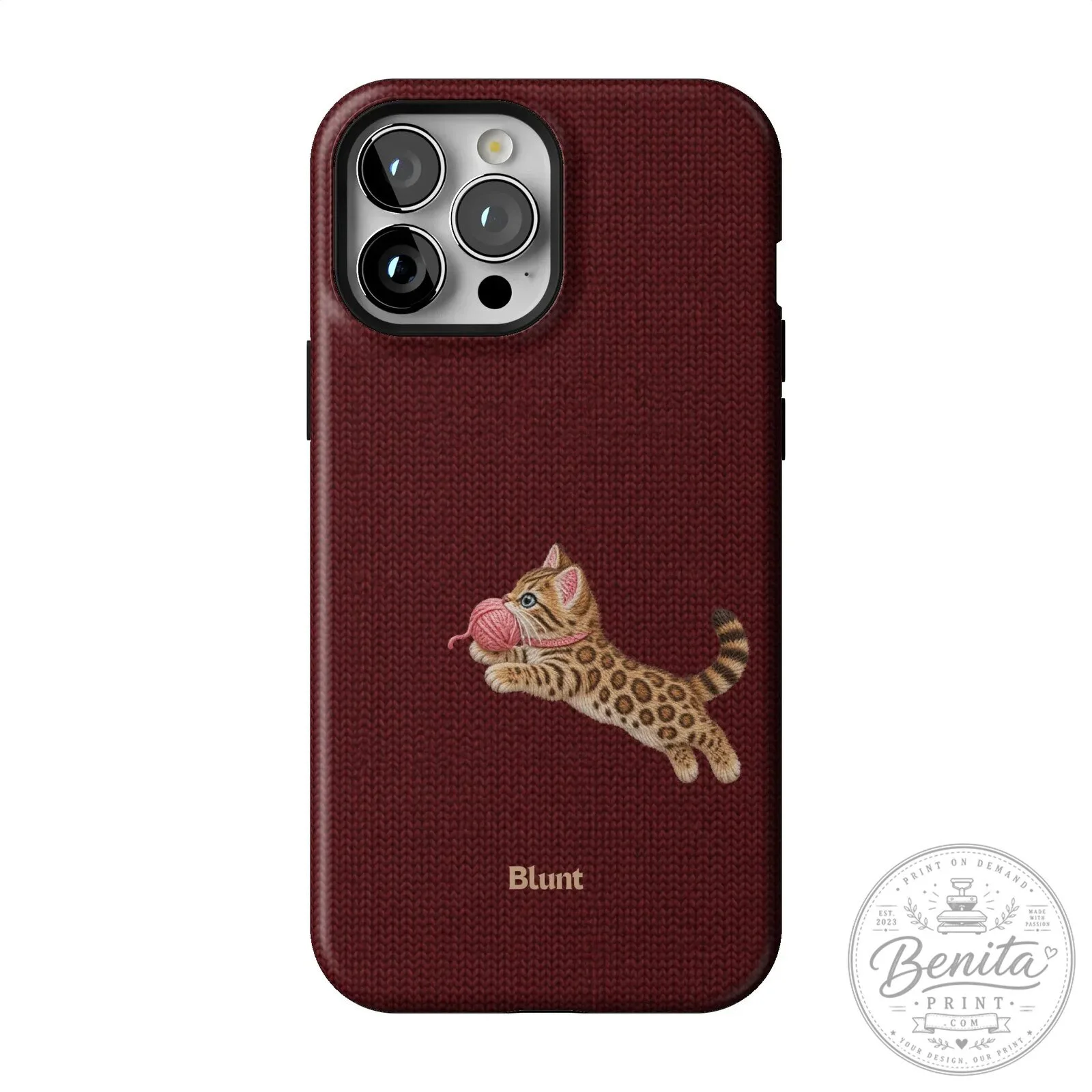 Maroon Knit Pattern iPhone Case Featuring Adorable Bengal Kitten Playing with Yarn 54 Maroon Knit Pattern iPhone Case Featuring Adorable Bengal Kitten Playing with Yarn