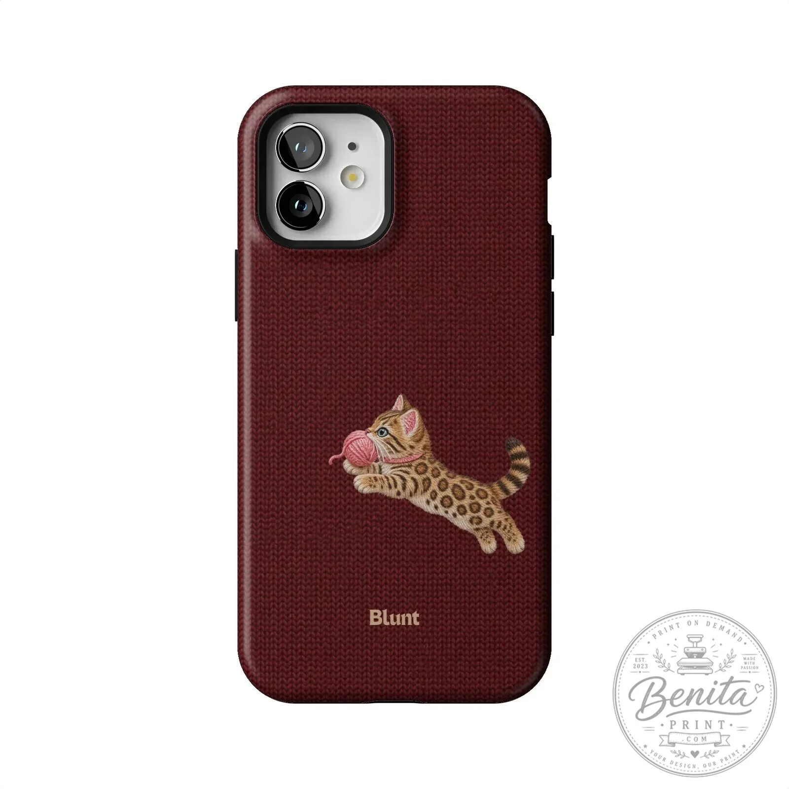 Maroon Knit Pattern iPhone Case Featuring Adorable Bengal Kitten Playing with Yarn 56 Maroon Knit Pattern iPhone Case Featuring Adorable Bengal Kitten Playing with Yarn