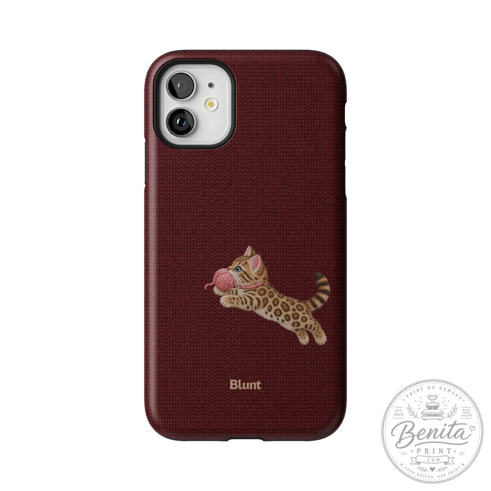 Maroon Knit Pattern iPhone Case Featuring Adorable Bengal Kitten Playing with Yarn 60 Maroon Knit Pattern iPhone Case Featuring Adorable Bengal Kitten Playing with Yarn