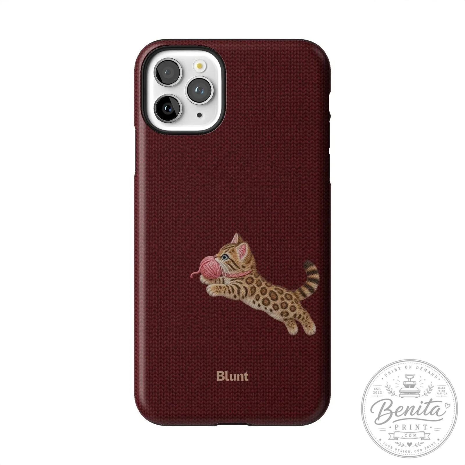 Maroon Knit Pattern iPhone Case Featuring Adorable Bengal Kitten Playing with Yarn 62 Maroon Knit Pattern iPhone Case Featuring Adorable Bengal Kitten Playing with Yarn