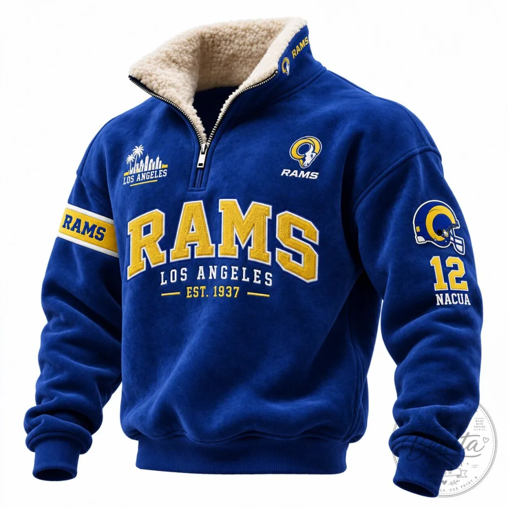 Los Angeles Rams Quarter Zip Mock Neck Fleece Sweatshirt with Sherpa Collar Los Angeles Rams Quarter Zip Mock Neck Fleece Sweatshirt with Sherpa Collar