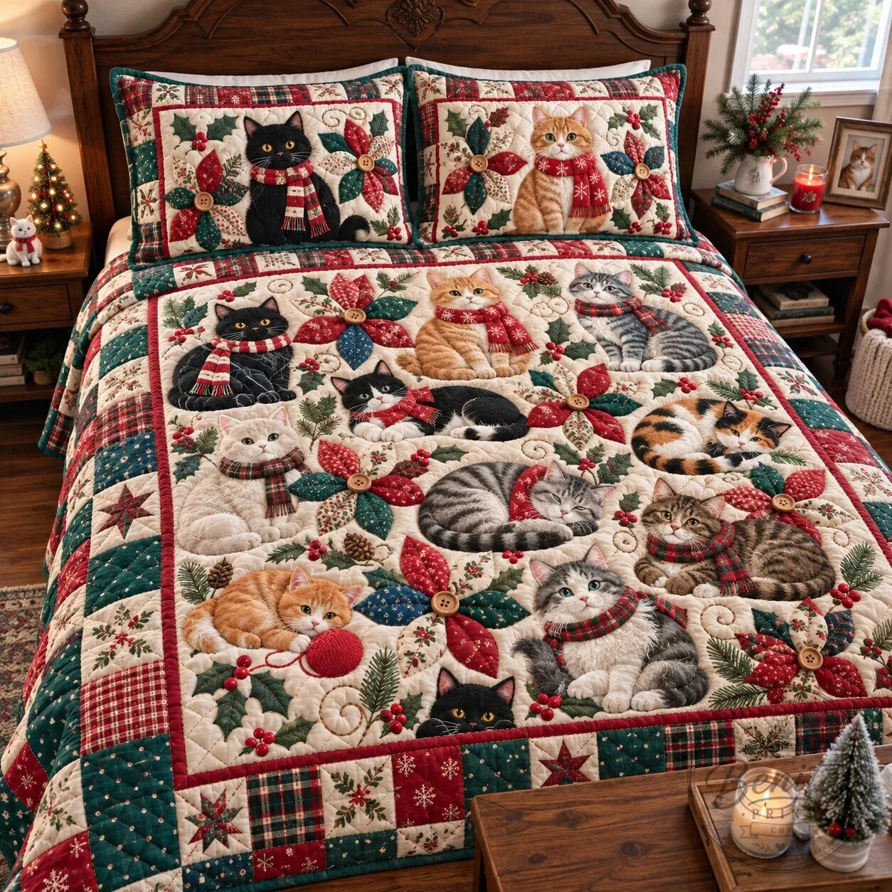 Christmas Cats Holiday Quilted Bedding Set with Festive Felines and Scarves