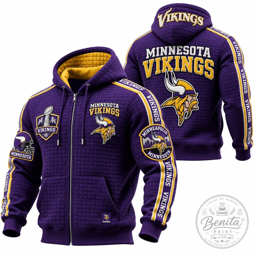 Minnesota Vikings NFL Football Team Quilted Pattern Zip-Up Hoodie Minnesota Vikings NFL Football Team Quilted Pattern Zip-Up Hoodie