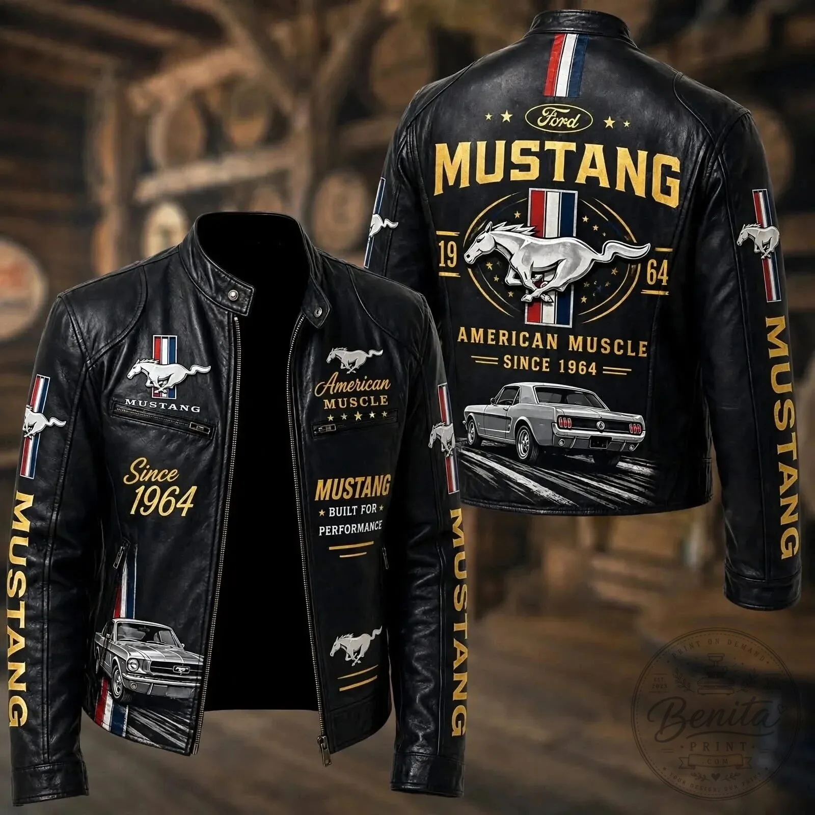 Black Leather Jacket Featuring Ford Mustang American Muscle Established in 1964