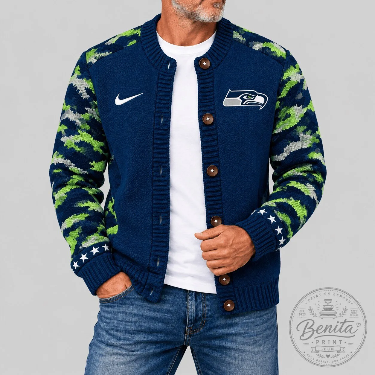 Seattle Seahawks NFL Camouflage Sleeve Knit Cardigan for Men