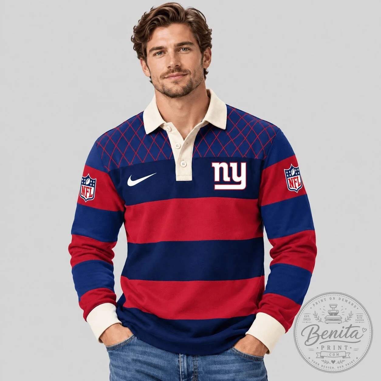 Men's Long Sleeve Polo Shirt in Striped Rugby Style for New York Giants NFL Fans