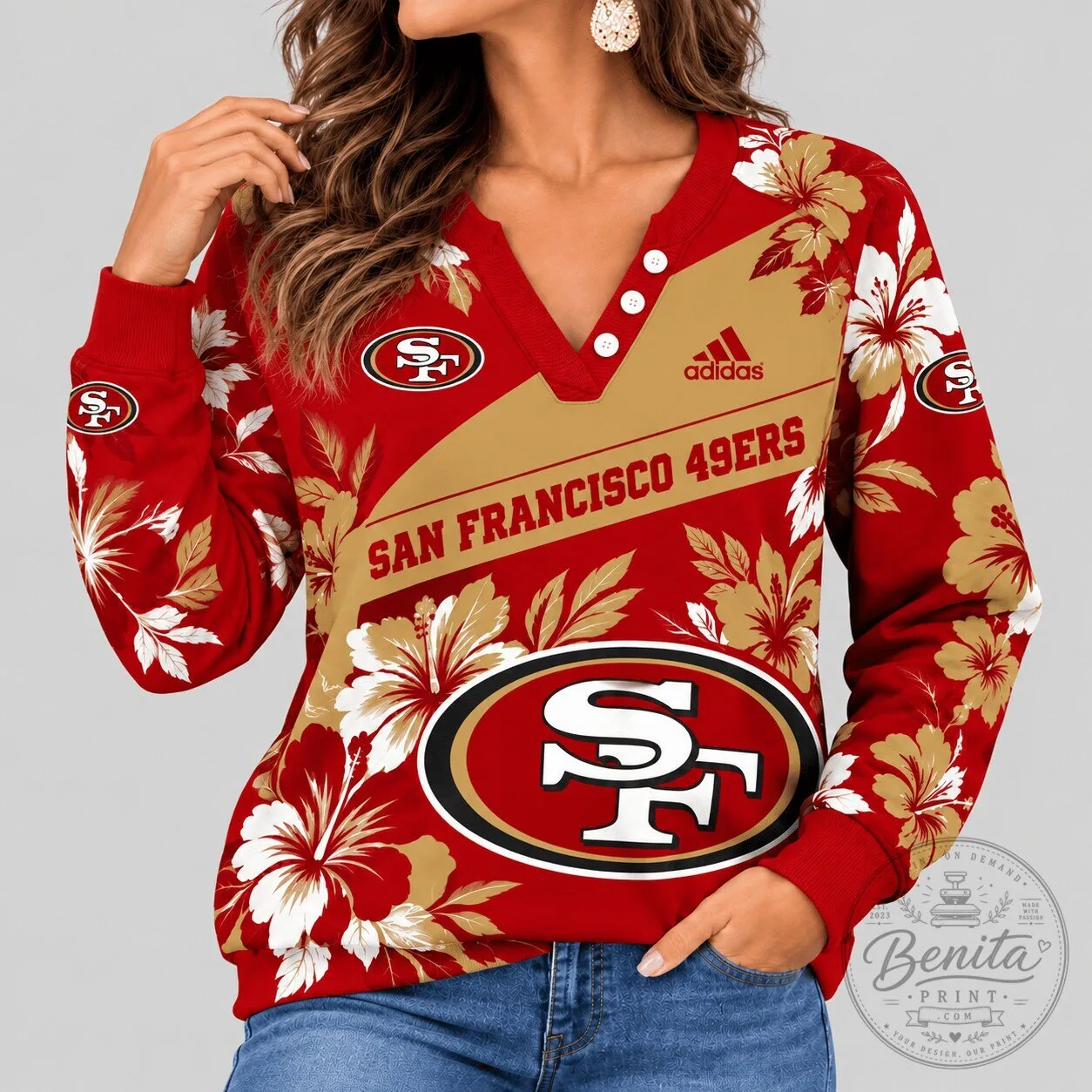 San Francisco 49ers NFL Tropical Floral Long Sleeve Henley Shirt