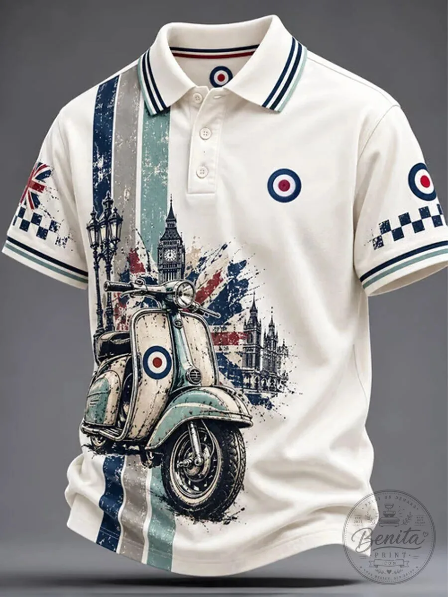 British Mod Scooter London Big Ben Union Jack Polo Shirt