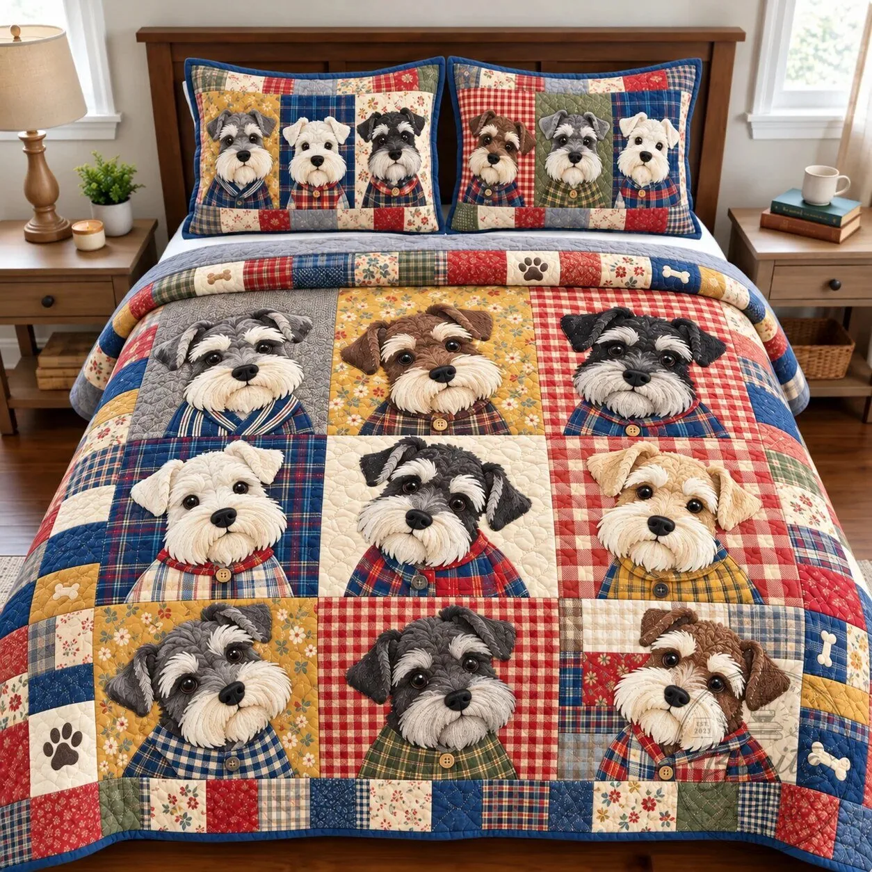 Adorable Schnauzer Dog Patchwork Quilted Bedding Set with Pillow Shams
