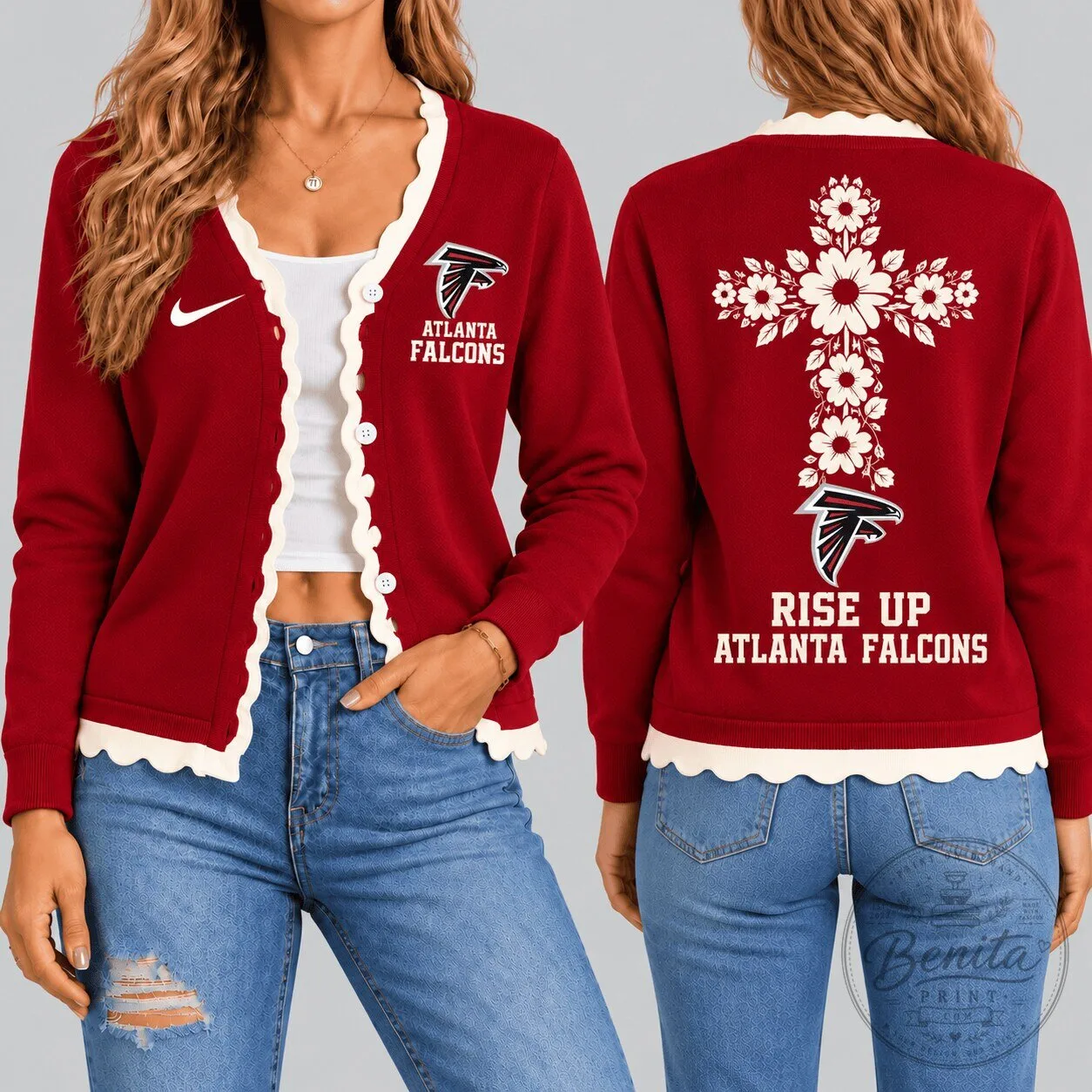Atlanta Falcons NFL Football Floral Cross Faith Scalloped Knit Cardigan 3 Atlanta Falcons NFL Football Floral Cross Faith Scalloped Knit Cardigan