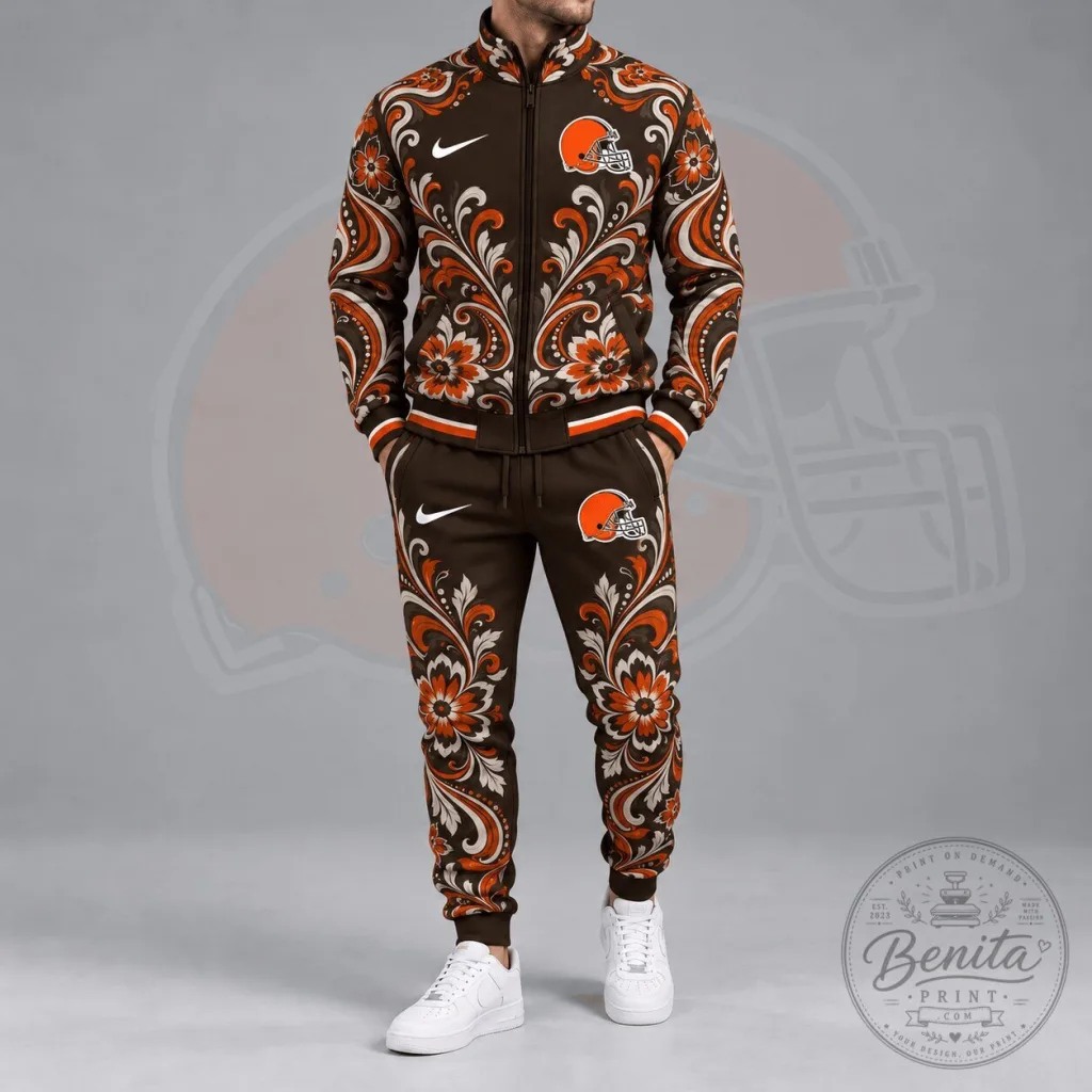 Full Zip Jacket with Cleveland Browns Ornamental Floral Paisley Design Full Zip Jacket with Cleveland Browns Ornamental Floral Paisley Design