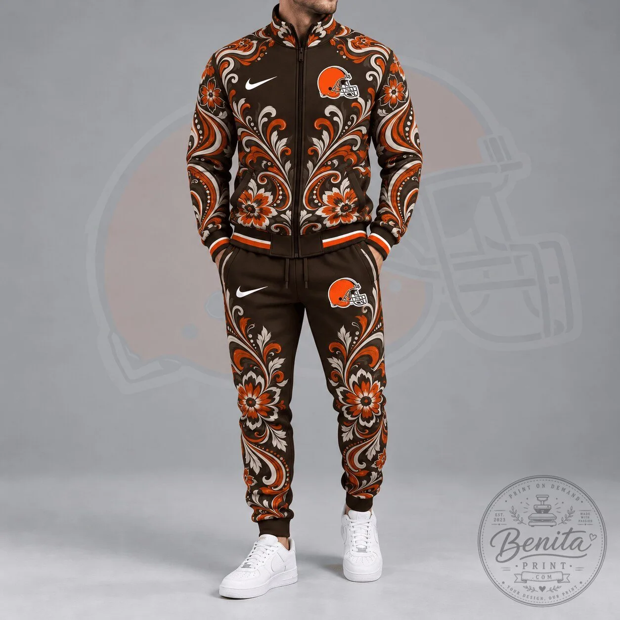 Full Zip Jacket with Cleveland Browns Ornamental Floral Paisley Design 3 Full Zip Jacket with Cleveland Browns Ornamental Floral Paisley Design