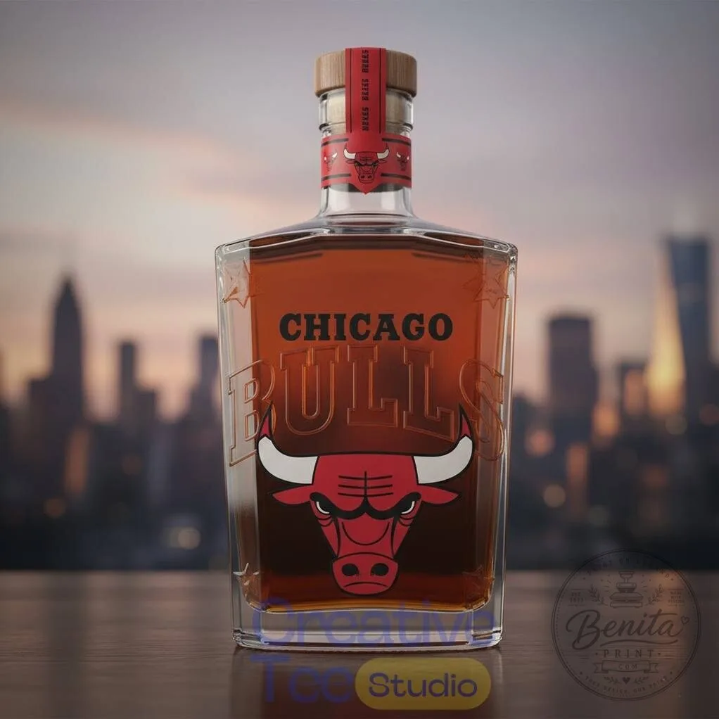 Chicago Bulls Whiskey Bottle with Team Logo and City Skyline Design