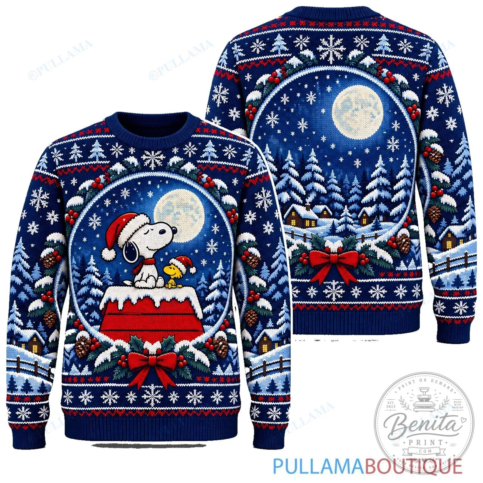 Snoopy Joe Cool Midnight Snowglobe Full Moon Christmas Holiday Sweater