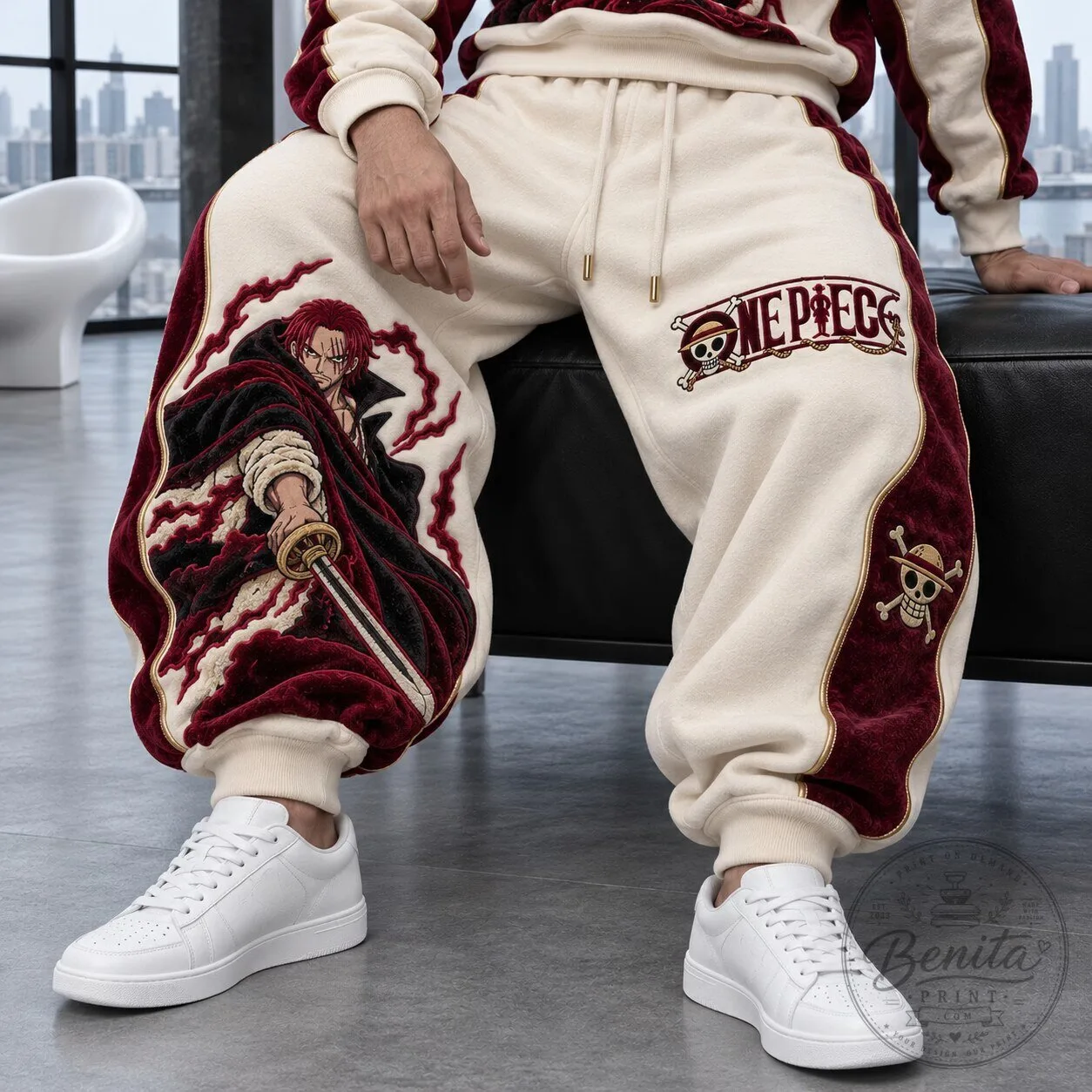 One Piece Shanks Embroidered Velour Sweatpants for Men